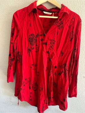 Soft Surroundings Red Button-Front Blouse with Black Lantern Print